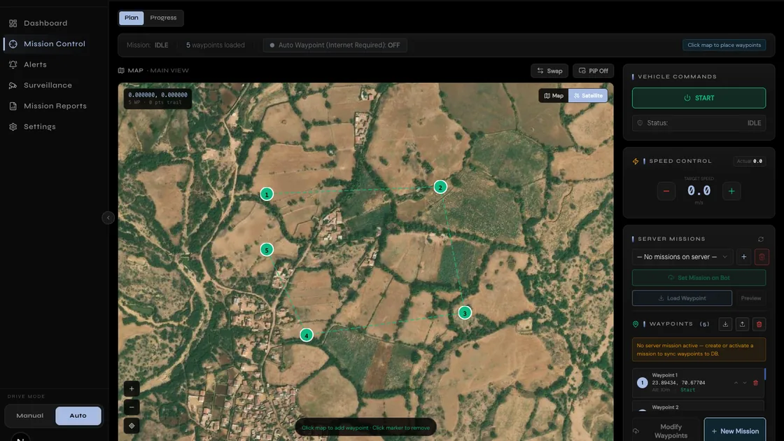 The ARNOBOT Ground Control Station with five waypoints placed across satellite imagery: a mission is handed over as ground to cover, not steered by hand.